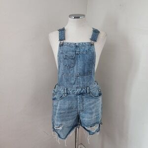 H&M Denim Short Overalls Distressed Ripped Blue Jean Summer Women's Size 8